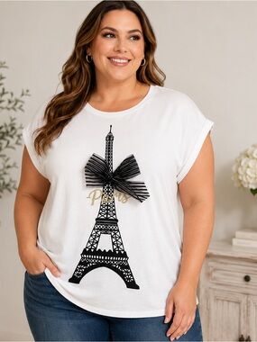 Mesh + Love 1X White Paris Eiffel Tower Graphic Tee Bow Plus Size NWT